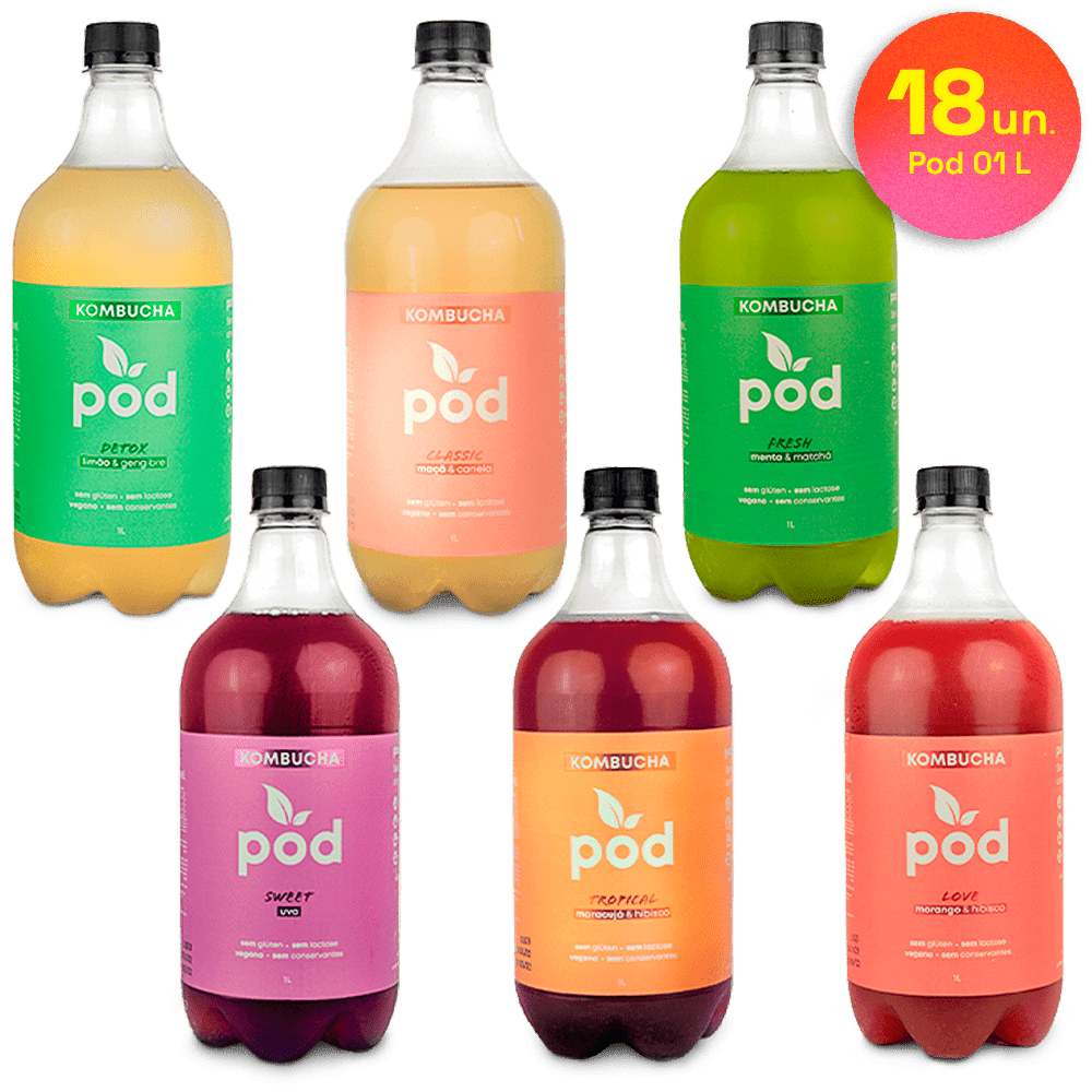 Kit 18 un. Kombuchas Tradicionais 01 L - Pod Kombucha - Kombucha Tradicional Refrigerada