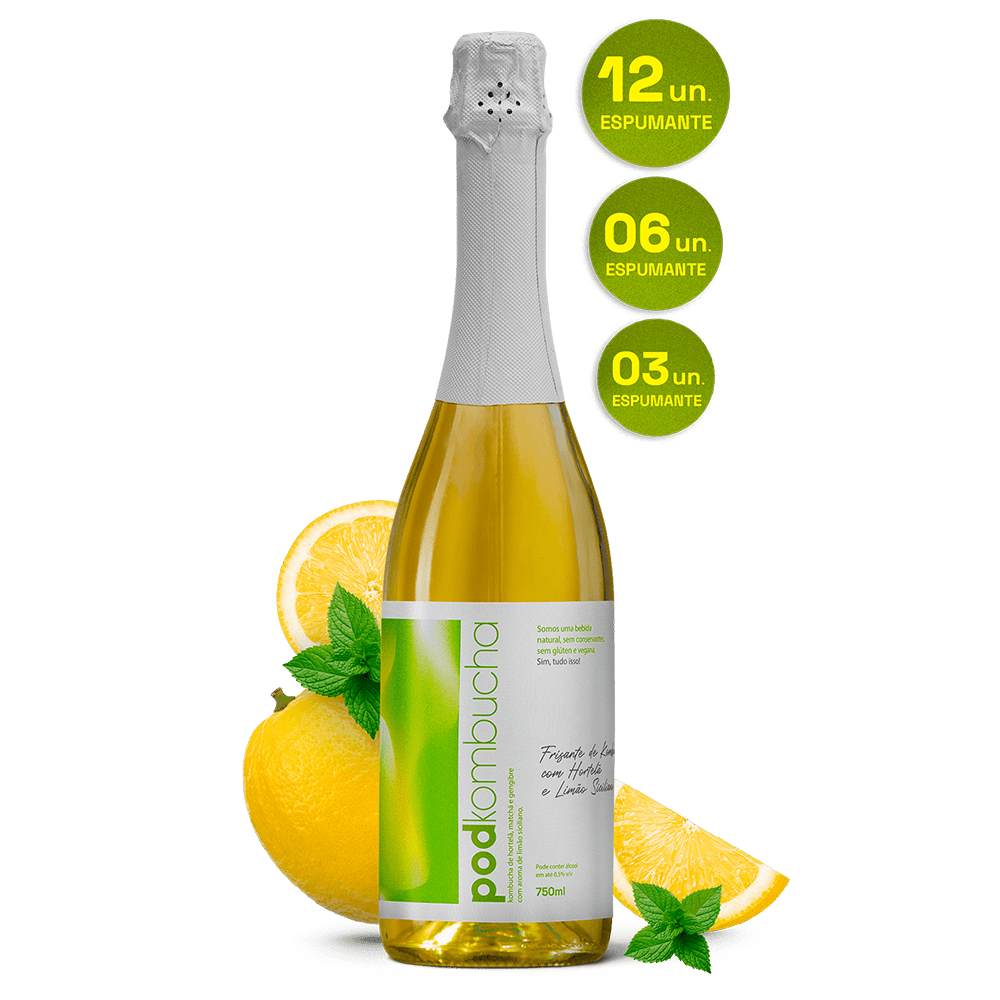 Espumante de Kombucha Pod 750ml - Limão Siciliano com Hortelã - Pod Kombucha - Espumante de Kombucha