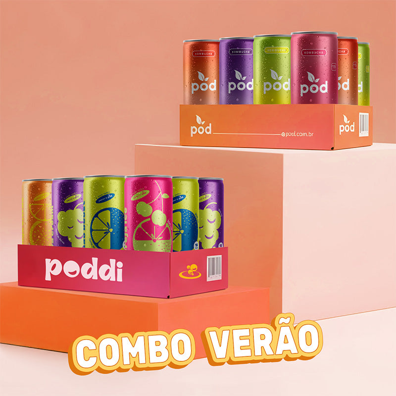 Combo Verão - 12 Kombuchas + 12 Refrigerantes Prebióticos Poddi 310ml
