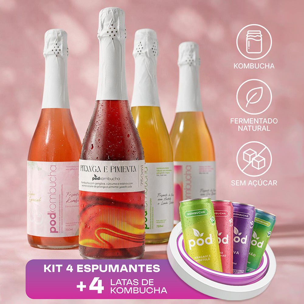 kit 4 Espumantes sem álcool + 4 Kombuchas Lata 310ml