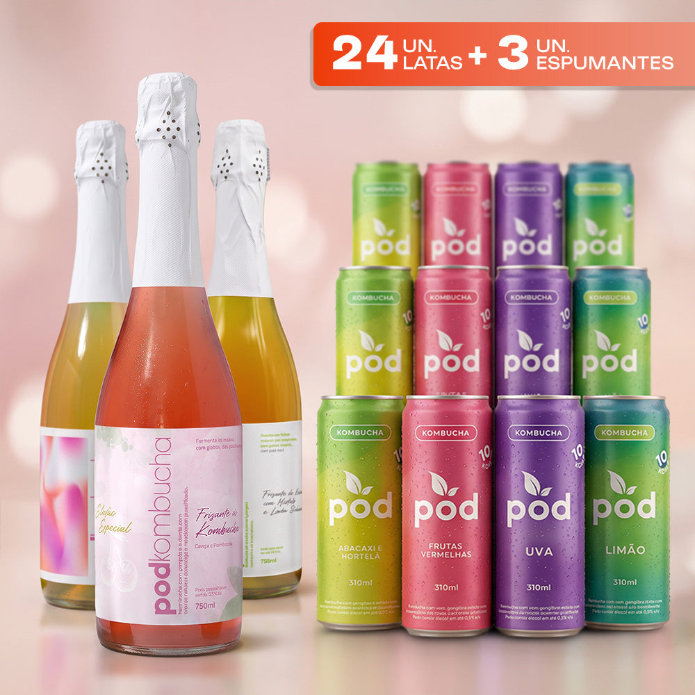 Kit 24 Kombuchas lata + 3 Espumante de Kombucha Pod (clube)