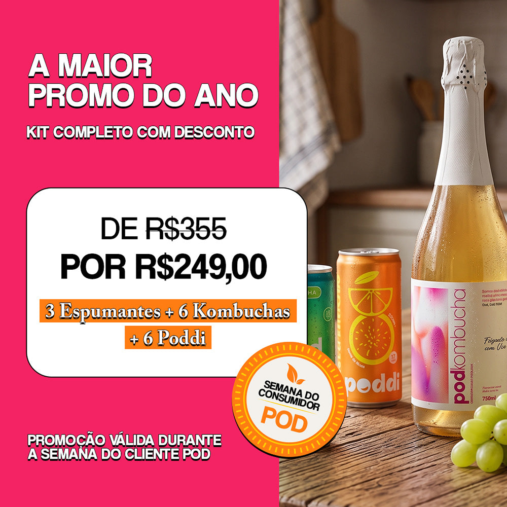 Mesa Sem Álcool | 3 Espumantes - 6 Kombuchas Lata - 6 Poddi