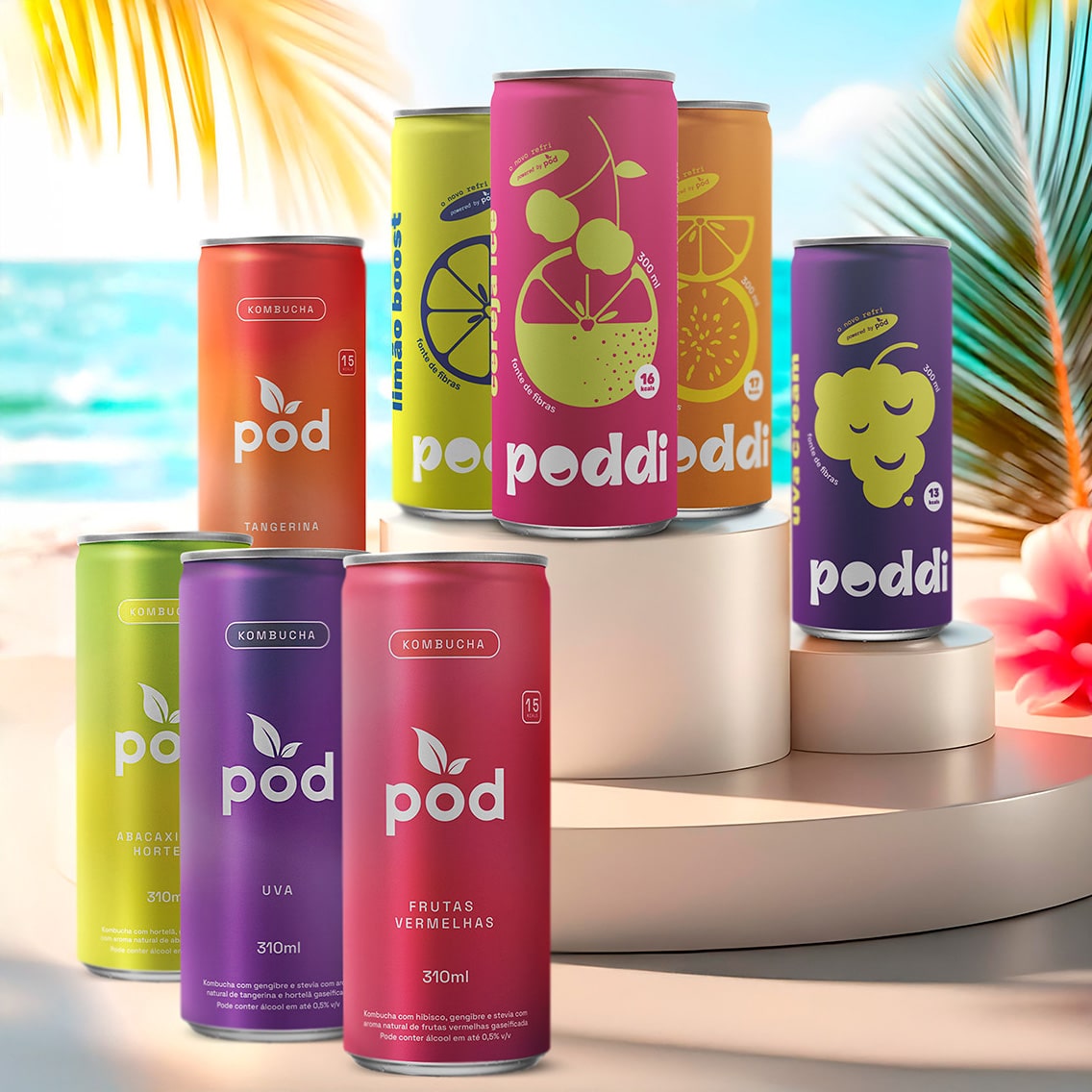 Combo Verão - 12 Kombuchas + 12 Refrigerantes Prebióticos Poddi 310ml