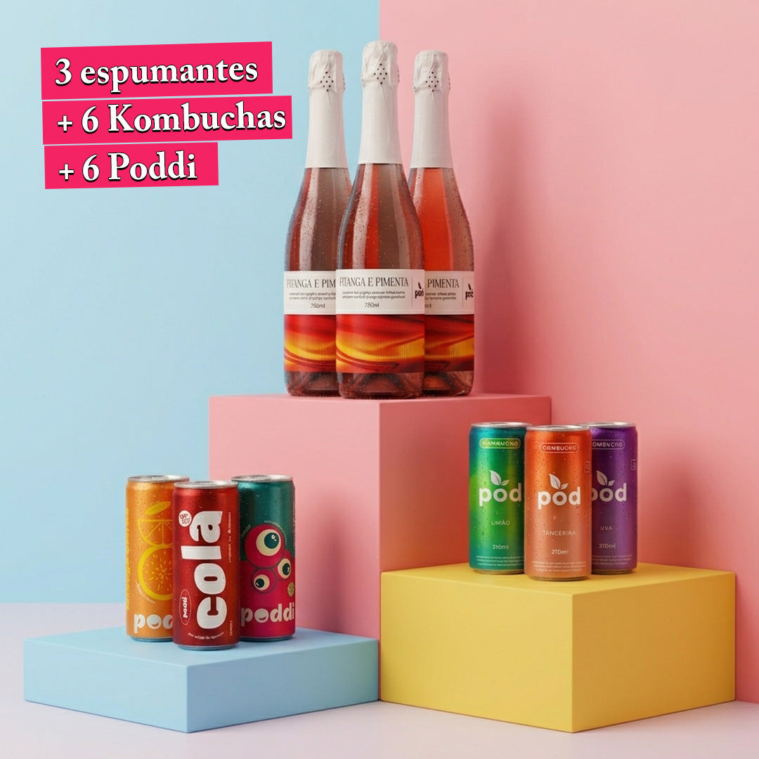 Mesa Sem Álcool | 3 Espumantes - 6 Kombuchas Lata - 6 Poddi